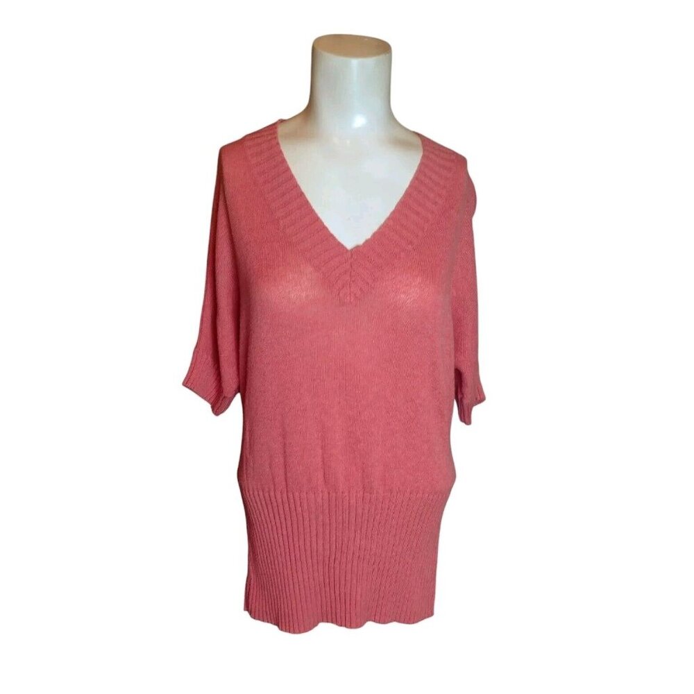 Ruff Hewn Wool Blend Short Sleeve Sweater Size M Coral Ribbed Trim